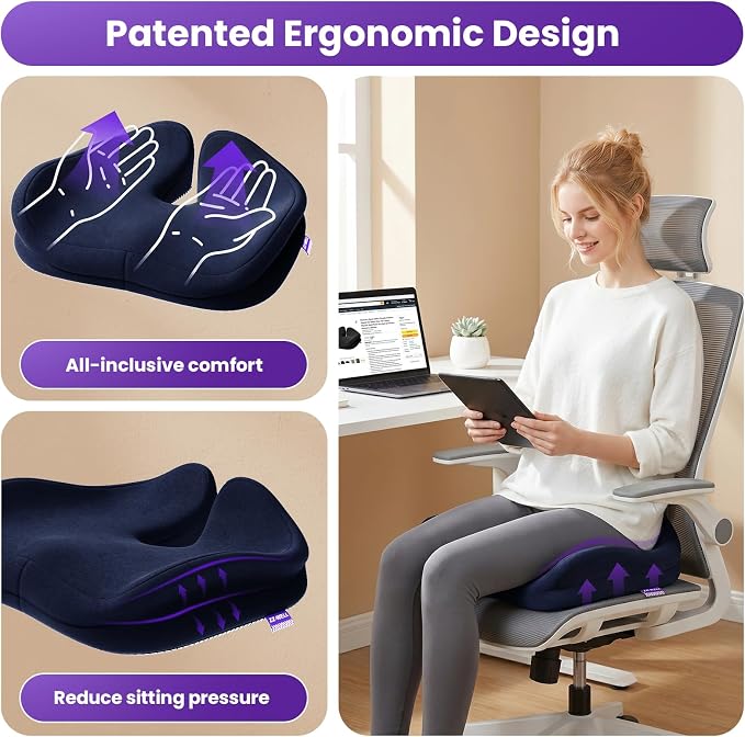 ZZ-WELL Seat Cushions for Office Chairs, Coccyx Cushion for Tailbone Pain Pressure Relief, Memory Foam Butt Pillows for Long Sitting, Patented Design, Extra Large & Thick, 21.2 Inches (Navy Blue)