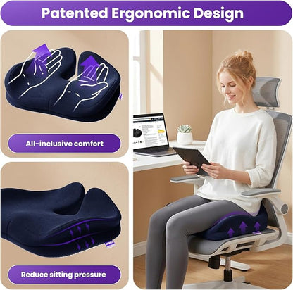 ZZ-WELL Seat Cushions for Office Chairs, Coccyx Cushion for Tailbone Pain Pressure Relief, Memory Foam Butt Pillows for Long Sitting, Patented Design, Extra Large & Thick, 21.2 Inches (Navy Blue)