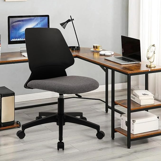 CLATINA Armless Adjustable Height Desk Chair with Wheels, Upholstered Swivel Computer Task Chair, Comfy Small Office Reading Chair for Home & Meeting Room, Black, 2 Pack