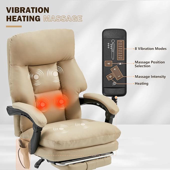 HOMREST Ergonomic Office Chair, Khaki | 6-Point Massage & Heating, Adjustable Executive Design, Retractable Footrest, Dual-Layer Soft Cushion, PU Leather