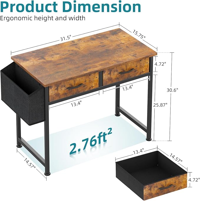 CAIYUN Computer Office Desk for Small Space with Fabric Drawers, Home Office Desk for Bedroom with Side Pocket and Hook, 31 Inch Brown Kid’s Desk, Writing Desk, Study Table and Work Desk