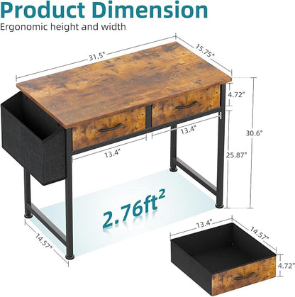 CAIYUN Computer Office Desk for Small Space with Fabric Drawers, Home Office Desk for Bedroom with Side Pocket and Hook, 31 Inch Brown Kid’s Desk, Writing Desk, Study Table and Work Desk