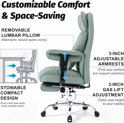 Efomao Executive Office Chair 400lbs,Green Big and Tall Desk Chair | Mattress-grade pocket spring cushion, sleek leather, 135° recline & footrest for computer gaming setup.