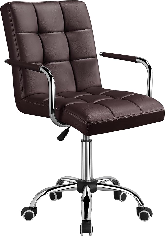 Topeakmart Office Task Chair Computer Desk Chair Modern Ribbered PU Leather Mid-Back Adjustable Height Comfy Swivel Chair w/Armrests and Wheels, Brown
