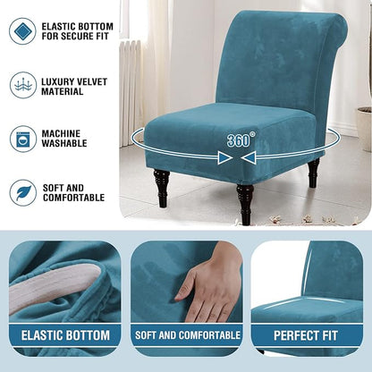 H.VERSAILTEX Armless Accent Chair Covers Thick Velvet Armless Chair Slipcovers High Stretch Chair Covers for Living Room Hotel Machine Washable Furniture Protector with Elastic Bottom, Peacock Blue