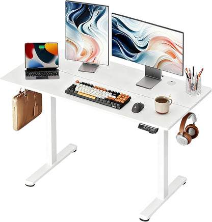 DEVAISE 48 Inch Electric Standing Desk, 3 Adjustable Computer Desk for Home Office, Ergonomic Sit to Stand Desk with LED Touchscreen，Headphone Hook, 3 Memory Preset, with Split Top, White