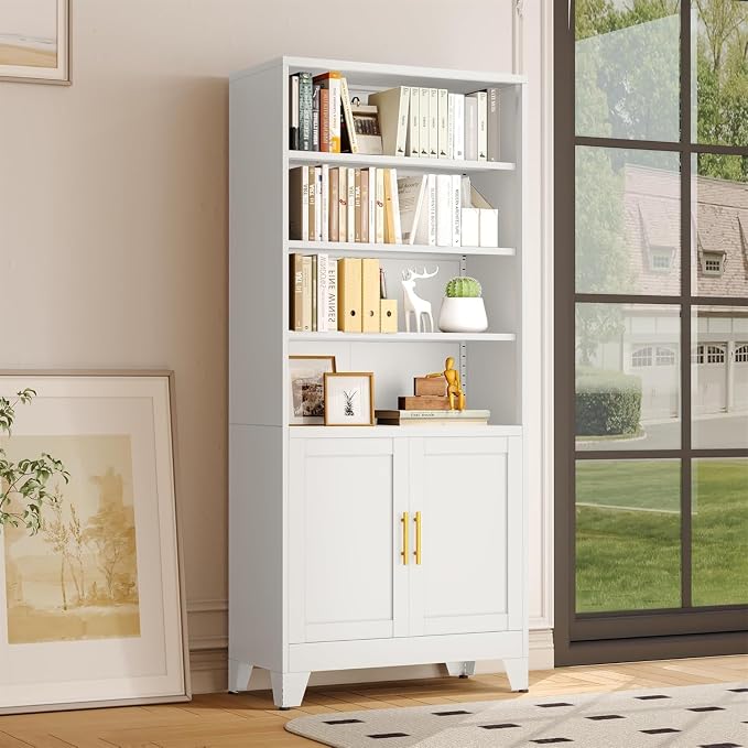 erosoei 71" H Tall Metal Bookcases and Bookshelves with 2 Doors and Adjustable Shelves，Tall Storage Cabinet Industrial Bookshelf 6-Tier Open Display Shelf，Decor Furniture for Living Room, Bedroom