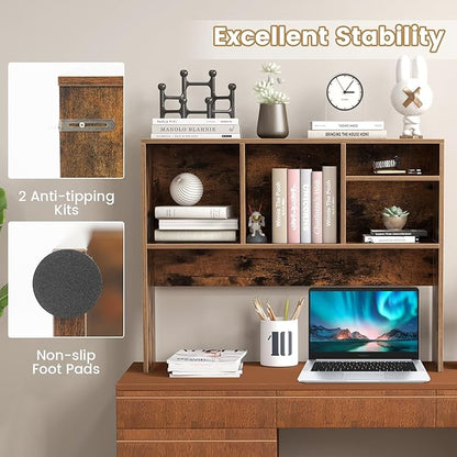 GOFLAME 4 Cubes Desktop Bookshelf, 37” Tabletop Wood Desk Shelf for Computer Monitor, Modern Countertop Desk Display Hutch Storage Organizer Shelf for Home Office, Dorm, Study, Rustic Brown