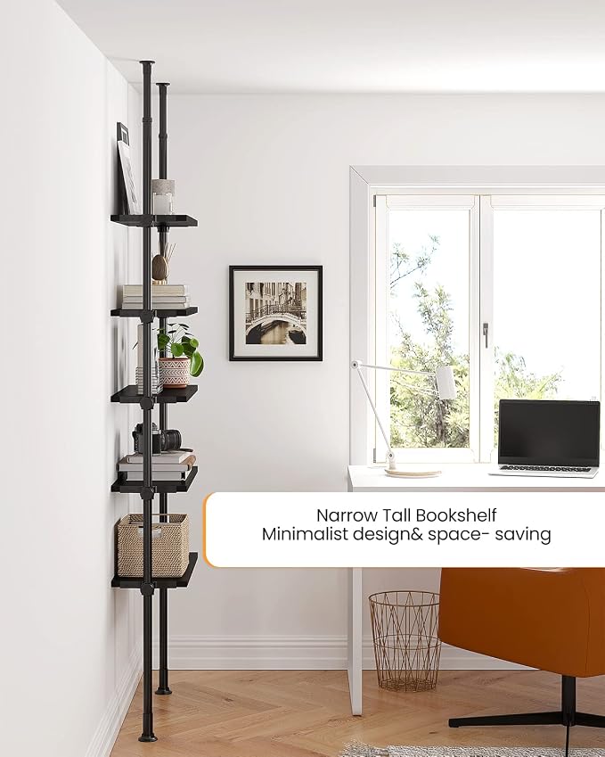 ALLZONE Adjustable Tall Narrow Bookshelf, 5-Tier Floor-to-Ceiling Tension Mount Ladder Book Shelf with Storage for Versatile Uses, Fits 92-116 Inch Ceilings, 27.84-Inch Wide Wood Shelves, Black Relief