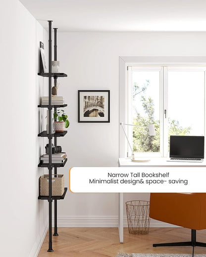 ALLZONE Adjustable Tall Narrow Bookshelf, 5-Tier Floor-to-Ceiling Tension Mount Ladder Book Shelf with Storage for Versatile Uses, Fits 92-116 Inch Ceilings, 27.84-Inch Wide Wood Shelves, Black Relief