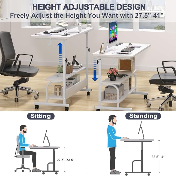 Armocity Rolling Standing Desk with Charging Station, Portable Height Adjustable Mobile Computer Desk with Wheels & 2-Tier Shelves & Hooks, Easy Assembly Laptop Table for Couch Bed, 39" White