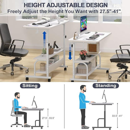 Armocity Rolling Standing Desk with Charging Station, Portable Height Adjustable Mobile Computer Desk with Wheels & 2-Tier Shelves & Hooks, Easy Assembly Laptop Table for Couch Bed, 39" White