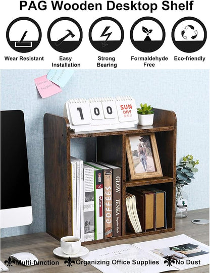 PAG Desktop Shelf Freestanding Wood Small Bookshelf Desk Supplies Organizers and Accessories Storage Display Rack Office Decor for Women, Antique Brown