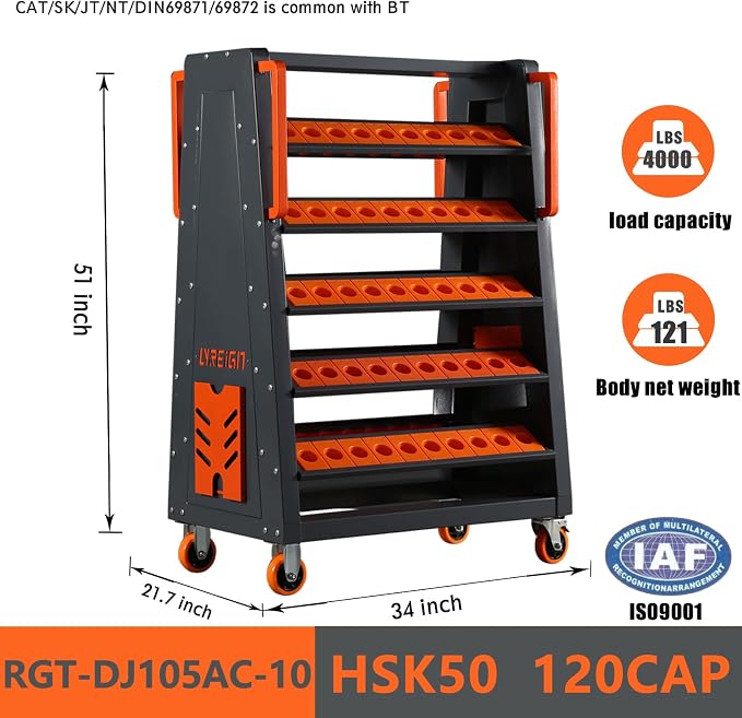 HSK50 CNC Tool Cart-120 Cap, 5-Tier CNC Rolling Carts with Wheels，40 Taper Tool Holder, CNC Mobile Tool Holder, CNC Tool Organizer, CAT 40 Tool Holder Set for StorehouseFactory Garage