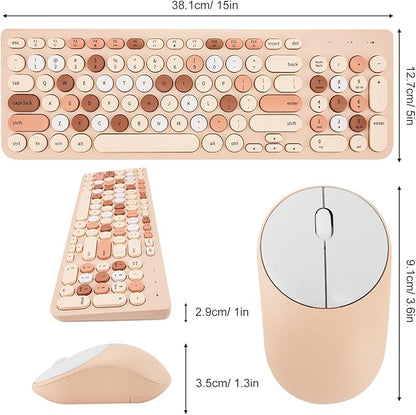 Wireless Keyboard and Mouse Combo, Retro Typewriter Keyboard with Round Keycaps, 2.4GHz USB Cute Wireless Keyboard Mouse for Computer, Desktop, Laptop (Milk Tea Colorful)