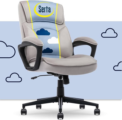 Serta Comfort Classic Executive Office Chair, Ergonomic Mid-Back Computer DeskChair with Lumbar Support, Semi-Plush Cushion and Body Pillows, Padded Armrests, Swivel Base, Taupe Velvet Fabric