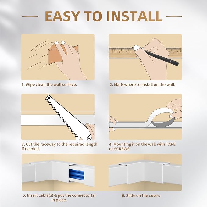 Delamu TV Cord Hider Wall, 142in Cable Hider, Large Cord Covers for 3-4 Wires on Wall, Paintable Wire Hiders Wire Covers for TV Cords on Wall, TV Cable Management Raceway, 1.18in W x 0.67in H, White