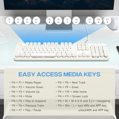MOWUX Computer Keyboard Wired, Plug and Play USB Retro Round Typewriter Keyboard, Full Size Wired Keyboard with Foldable Stands for Laptop and Office PC- White