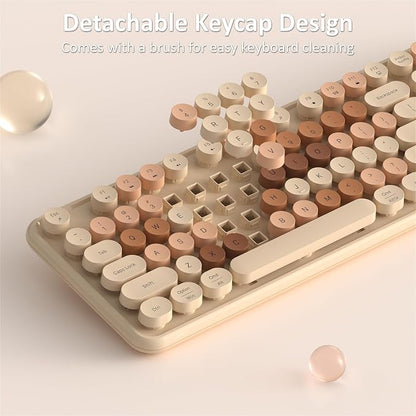 Links9+ Wireless Keyboard and Mouse, Full-Size Retro Typewriter Keyboard with Round Keycaps, 2.4GHz for Windows, Mac, Laptop, PC, Desktop (Milky Tea Colorful)
