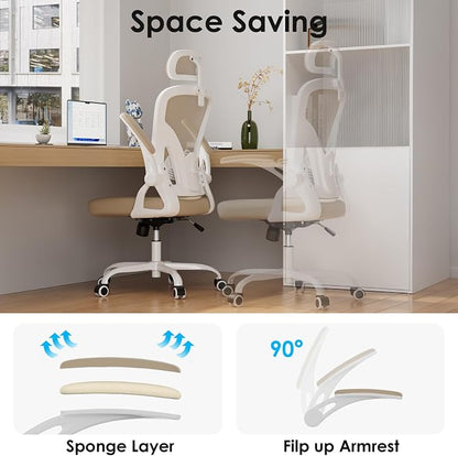 Farini Ergonomic Office Chair, Home Office Desk Chair with Headrest, High Back Swivel Computer Chair with Armrests and Adjustable Lumbar Support for Home Office Study Room, White & Khaki