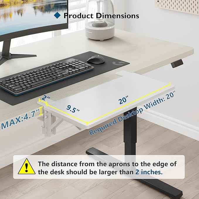 BONTEC Small Ergonomics Desk Extender Tray, 20x9.5 Inch Table Mount Arm Rest Shelf, 90° Foldable Keyboard Tray Platform, Clamp on Computer Arm Rest for Desk, Suitable for Office Desks, White