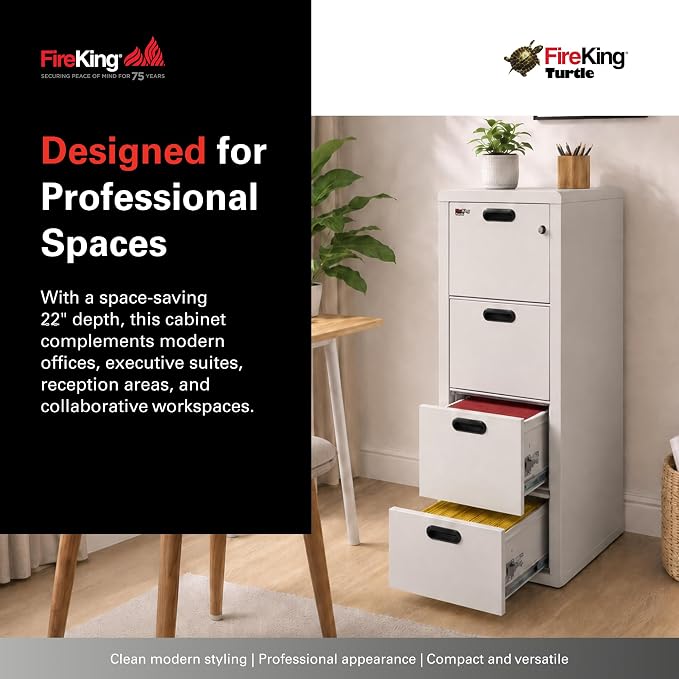 FireKing Turtle Contour - 4 Drawer Fire Safe File Cabinet with Key Lock - 1 Hour Fire Rated, UL Rated & Water Resistant Home Safe - Made in the USA Legal & Letter Filing Cabinet - Platinum