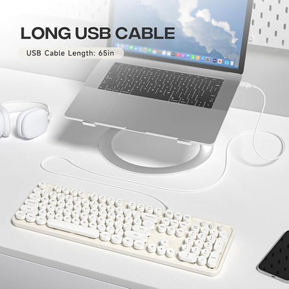 MOWUX Computer Keyboard Wired, Plug and Play USB Retro Round Typewriter Keyboard, Full Size Wired Keyboard with Foldable Stands for Laptop and Office PC- White