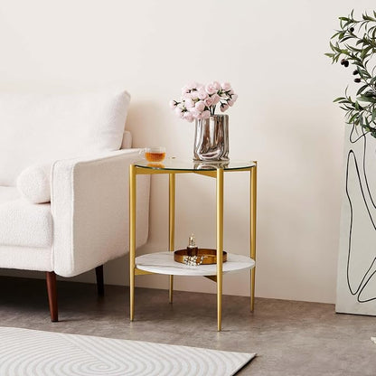 LumFurn Round Glass End Table, Mid-Century Modern Design Sofa Table for Living Room, D18 x H23 in, 2-Tier Structure, Clear Glass Top and White Marble Shelf, Sleek Conical Legs with Gold Finish Frame