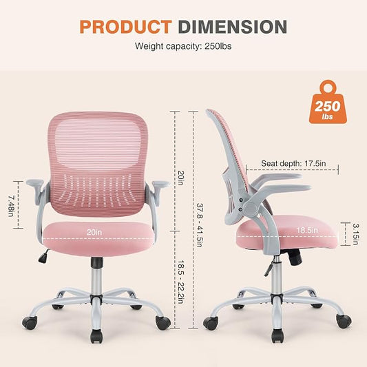 Sweetcrispy Home Office Computer Desk Chair, Ergonomic Mid-Back Mesh Rolling Work Swivel Task Chairs with Wheels, Comfortable Lumbar Support, Comfy Flip-up Arms for Bedroom, Study, Student, Pink
