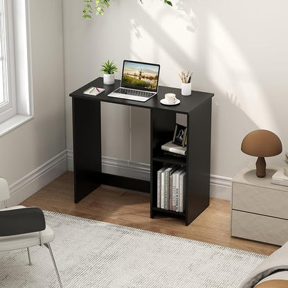 Giantex Small Desk with Storage, 31.5 Inch Home Office Computer Desk with Shelves, Space Saving Study Writing Desk, Modern Simple Laptop Desk for Small Spaces (Black)