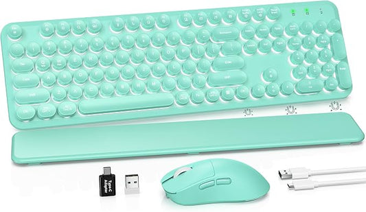 Wireless Keyboard and Mouse Combo, Backlit Round Keycaps, Retro Typewriter Keyboard with Detachable Wrist Rest, Rechargeable & Tilt Legs, 2.4GHz Cordless Connection for Windows/PC (Glowing Turquoise)