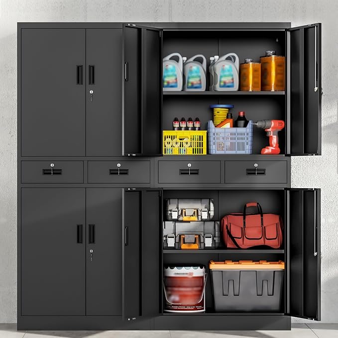 Wanfu Metal Storage Cabinet, 71" Locking Storage Cabinet with Adjustable Shelves and 2 Drawers, Steel Cabinets for Office, Garage, Home, School, Utility Room(Black)