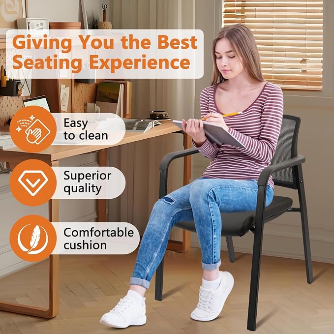 CLATINA Mesh Back Guest Reception Stacking Chair, Waiting Room Stackable Chairs with Upholstered Leather Seat & Ergonomic Lumbar Support for Office Conference School Study Church Lobby, Black, 2 Pack