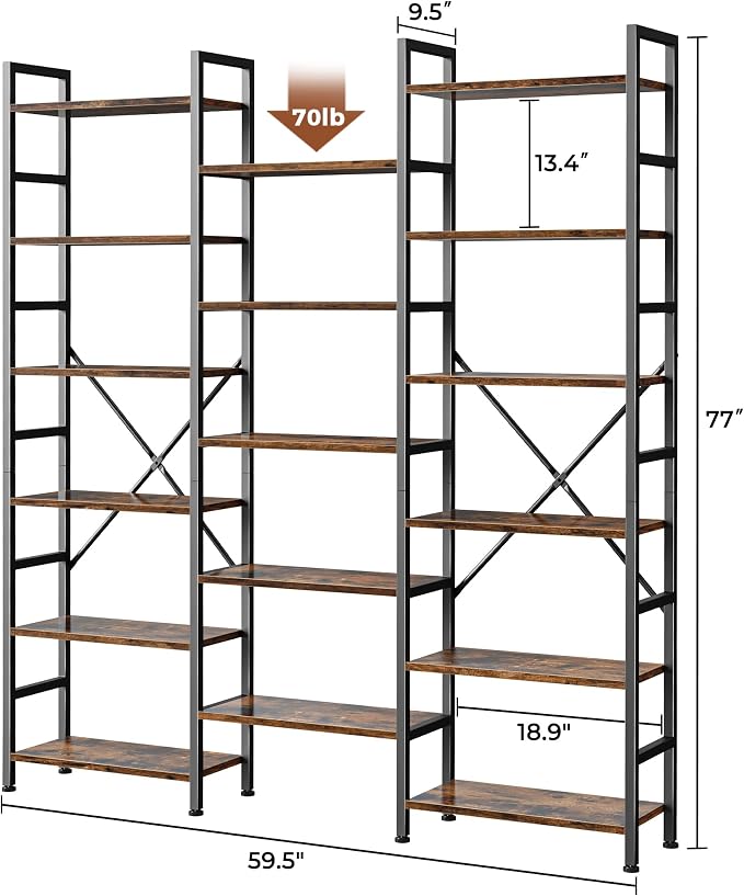 SUPERJARE Triple Bookshelf, Bookcase with 17 Open Display Shelves, Wide Book Shelf Book Case for Home & Office, 6 Tier, Brown, ABC003Z