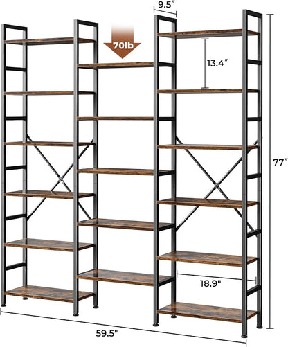 SUPERJARE Triple Bookshelf, Bookcase with 17 Open Display Shelves, Wide Book Shelf Book Case for Home & Office, 6 Tier, Brown, ABC003Z