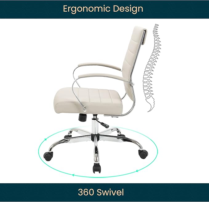 LeisureMod Benmar Leather Office Desk Chair, Mid-Back Ergonomic Swivel Chair with Lumbar Support, Adjustable Height, Tilt Lock, Cushioned Seat & Back, Home Office Task Chair (Tan, Single)