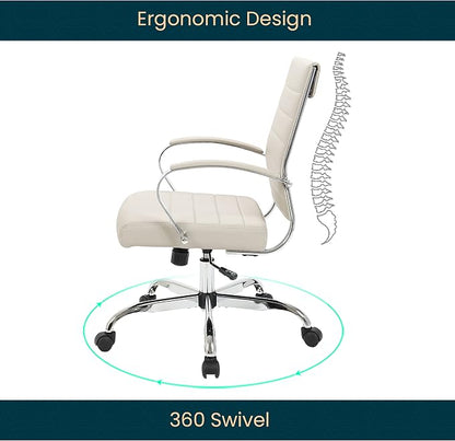 LeisureMod Benmar Leather Office Desk Chair, Mid-Back Ergonomic Swivel Chair with Lumbar Support, Adjustable Height, Tilt Lock, Cushioned Seat & Back, Home Office Task Chair (Tan, Single)