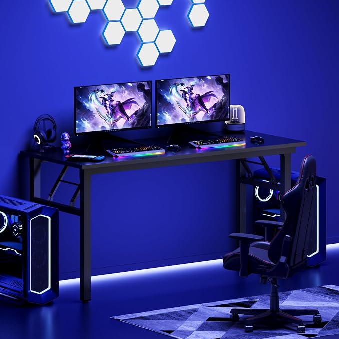 DlandHome Computer Desk, 59.8Inch Office Desk Computer Table, Study Writing Study Desk for Home Office, Black and Black