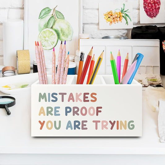 Boho Inspirational Pen Pencil Holder Organizer for Desk, Positive Inspirational Gifts, Mistakes are Proof You are Trying Motivational Wooden Box Sign for Classroom Desk Tabletop Decorations