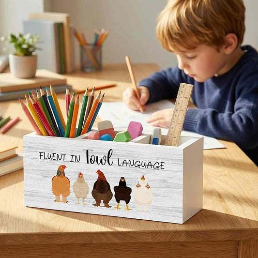 Funny Chicken Pencil Pen Holder for Desk Organizer, Chicken Lovers Gifts for Women Men, Fluent in Fowl Language Wooden Box Decorations for Home Office Bedroom Desk Tabletop Decor
