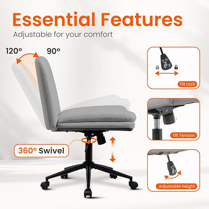 Orange Factory Criss Cross Chair with Wheels Comfy Wide Vanity Desk Chair Dual Base Leather Armless Adjustable Swivel for Home Computer Task (Grey Pu, Faux Leather)