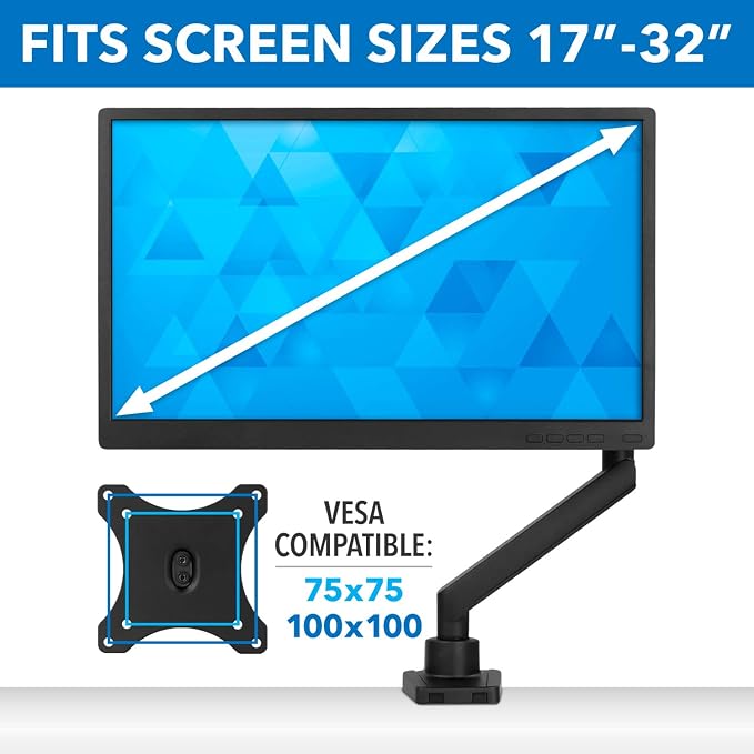 Mount-It! Single Monitor Arm Desk Mount for 24-32 Inch Computer Monitor, Full Motion Aluminum Mount, VESA 75x75 100x100, Holds up to 17.6 lbs, Cable Management, C-Clamp and Grommet Base, Black