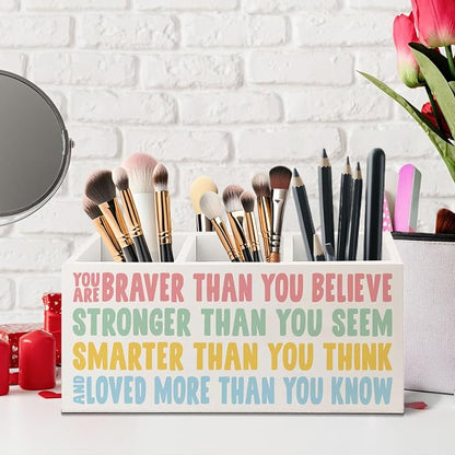 Boho Motivational Wooden Pen Pencil Holder for Desk, You Are Braver Than You Believe Inspirational Quotes Makeup Brush Toothbrush Holder Organizer for Kids Room Nursery Playroom