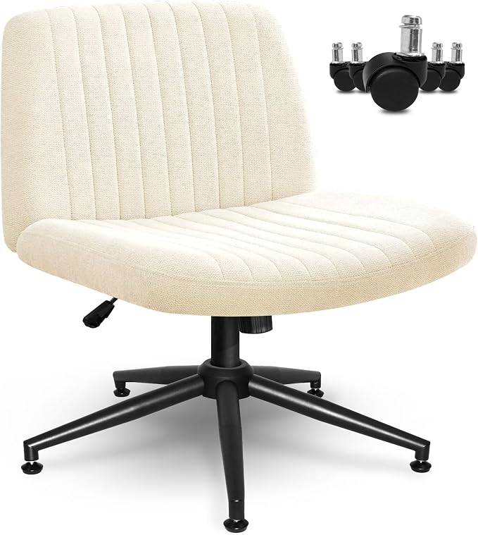 Orange Factory Criss Cross Chair Wheels Wide Cross Legged Office Desk Vanity Dual Base Comfy Fabric Armless Adjustable Swivel for Home Computer Task (Beige Dual Base, Fabric)