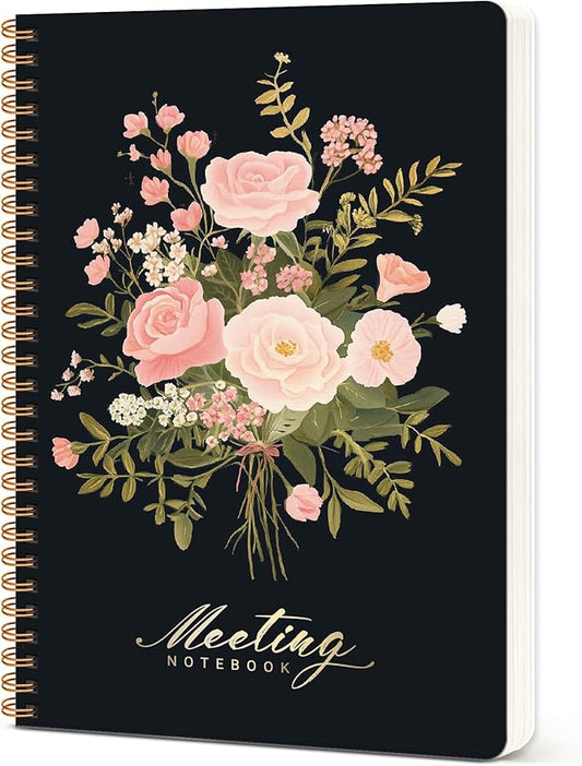 Meeting Notebook for Work Organization - Work notebook with action items, Meeting Minutes Planner Notebook, Perfect Office Supplies for Men & Women - Blush Bouquet