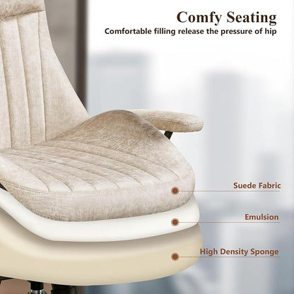 Mid Century Modren Office Chair,Computer Desk Swivel Task Chair with Wheels, High Back Ergonomic Executive Chair with Lumbar Support, Faux Lether Suede Fabric Home Chair (High Back, Beige)