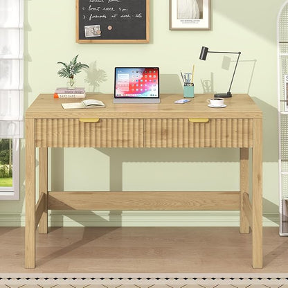YOMILUVE Fluted Computer Desk with 2 Drawers, 39 Inch Small Computer Desk with Storage, Compact Writing Study Desk for Small Spaces