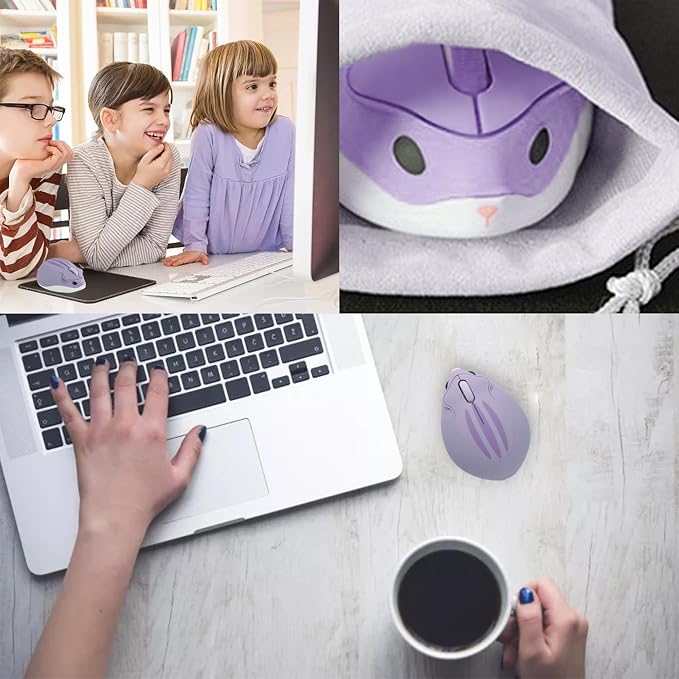 CHUYI Cute Hamster Wireless Silent Mouse Cartoon Portable Travel Mute Mouse 1200DPI Optical Cordless Quiet Animal Mice for Computer Laptop PC Gift (Purple)