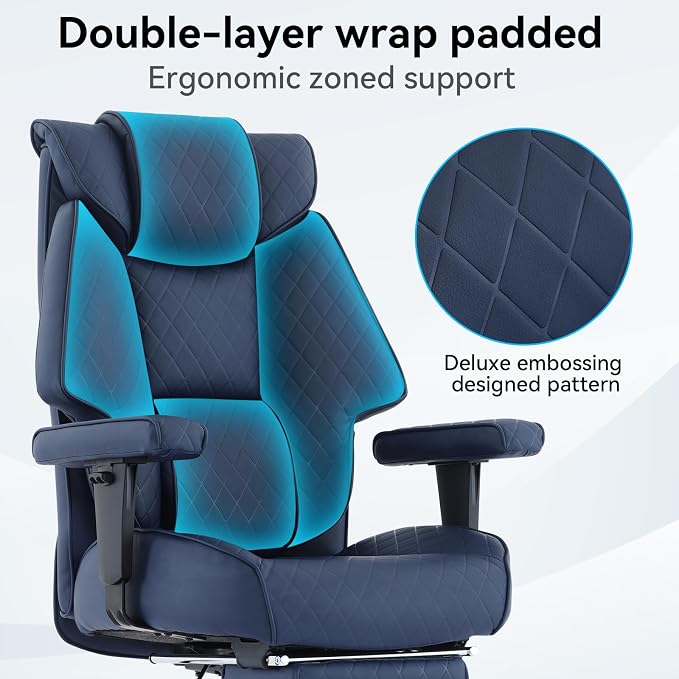 EXCEBET Big and Tall Office Chair with Footrest, PU Leather High Back Executive Office Chair 400lbs, Ergonomic Computer Chairs Lumbar Support for Heavy People (Blue)