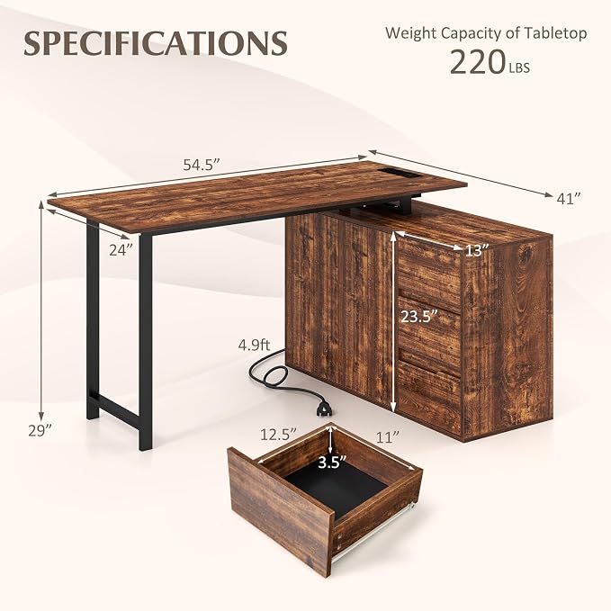 GOFLAME 54.5” L Shaped Computer Desk with Power Outlet, Reversible Corner Desk with File Cabinet and 3 Drawers, PC Desk Study Writing Table Workstation for Home Office, Small Space, Rustic Brown